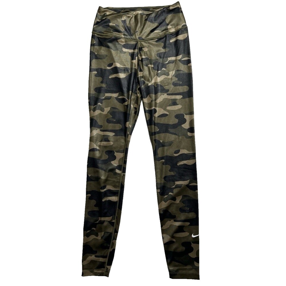 Nike Dri-Fit Leggings Women's Small Green Shiny Camo Training Running Yoga EUC